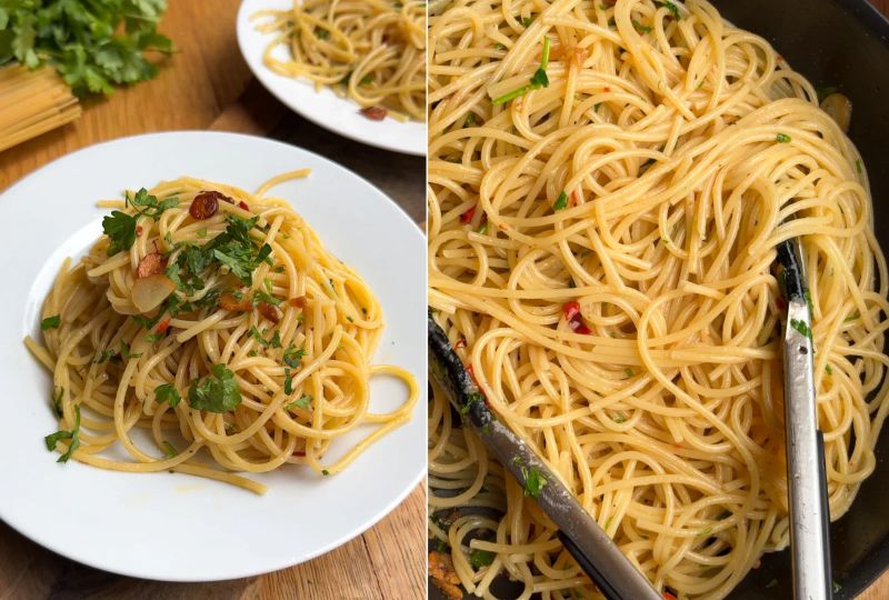 Spaghetti aglio e olio on a white plate (left), up close shot of pasta in pan (right)