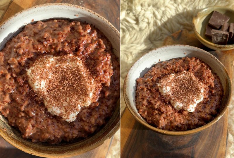 Chocolate oats in a bowl with grated chocolate on top