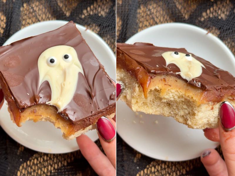 Ghost millionaire shortbread piece, bitten