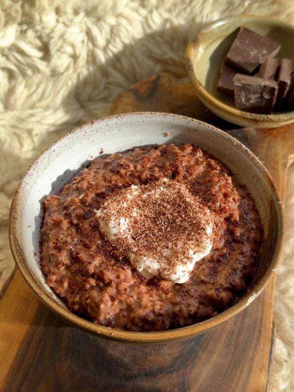 Chocolate oats in a bowl with grated chocolate on top