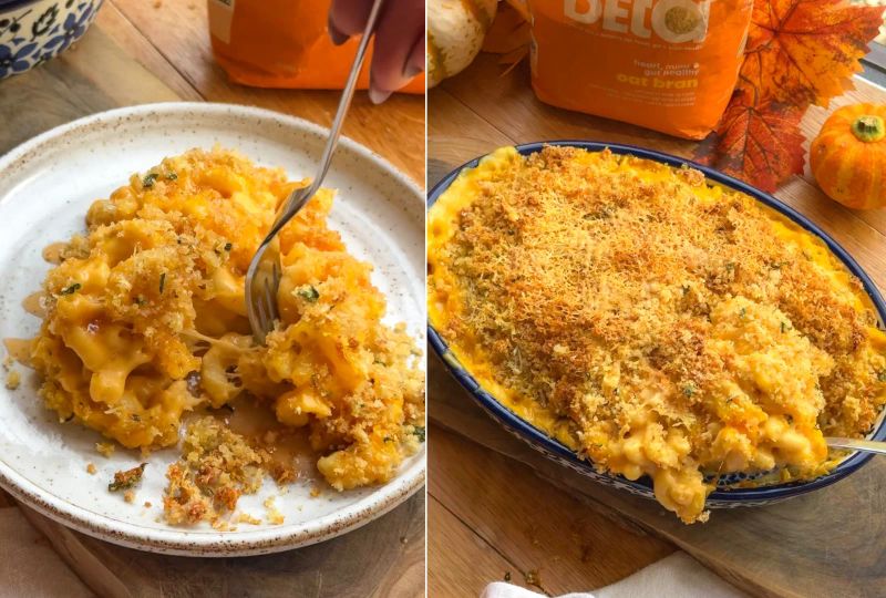 Photo of Mac & Cheese on plate (left), Mac & Cheese in dish (right)