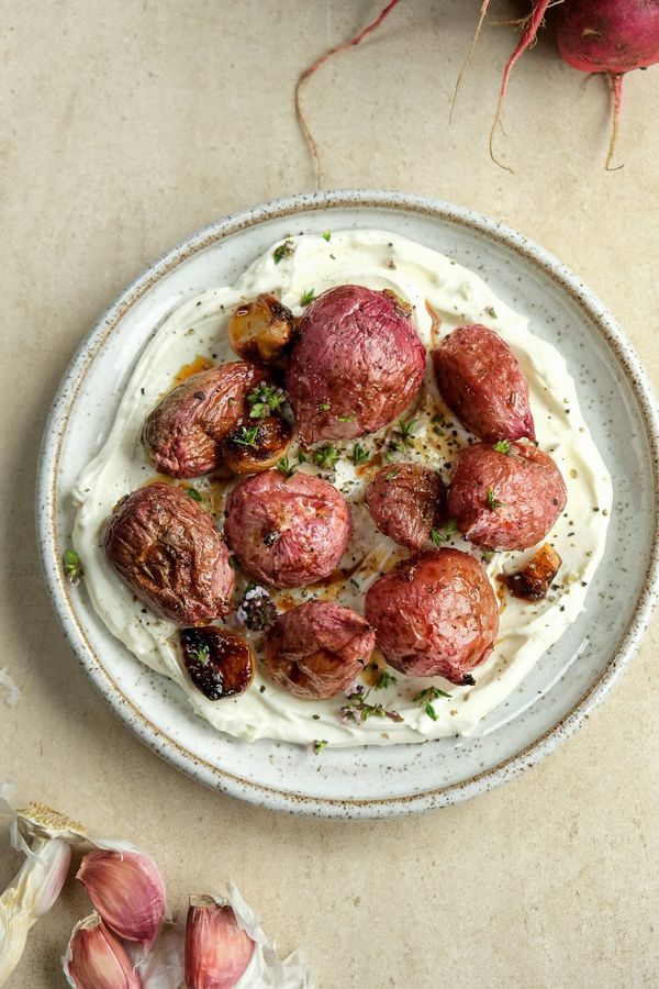 Roasted radish with lemon and garlic cream