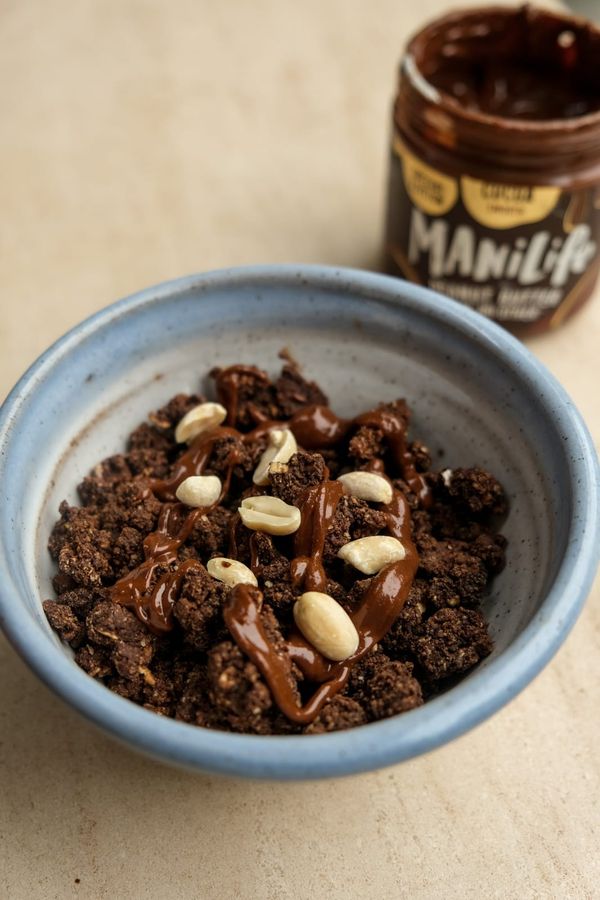 Chocolate and peanut butter crumble granola