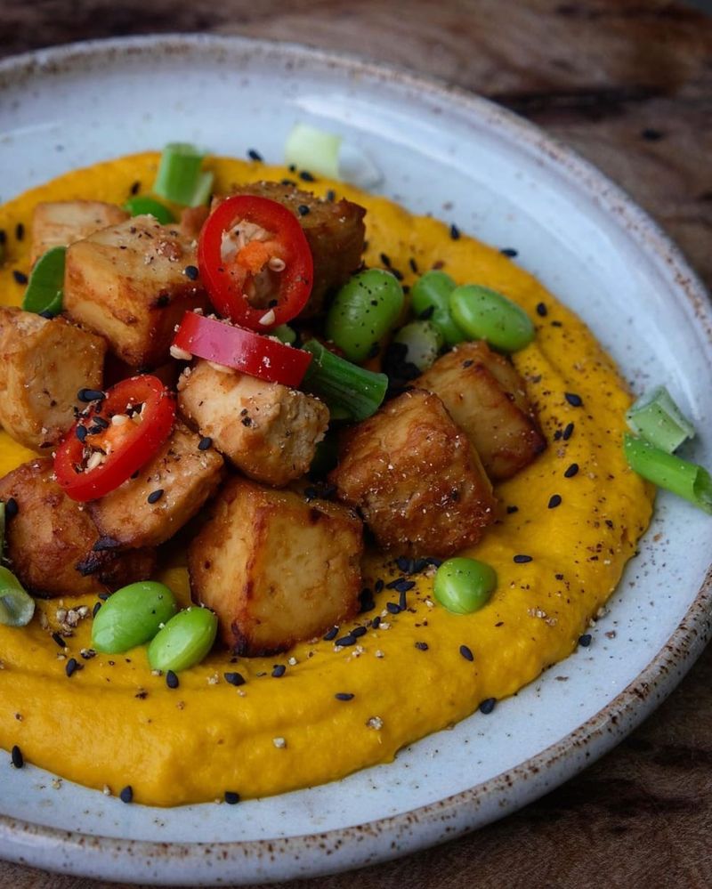 Miso tofu with ginger carrot purée and edamame