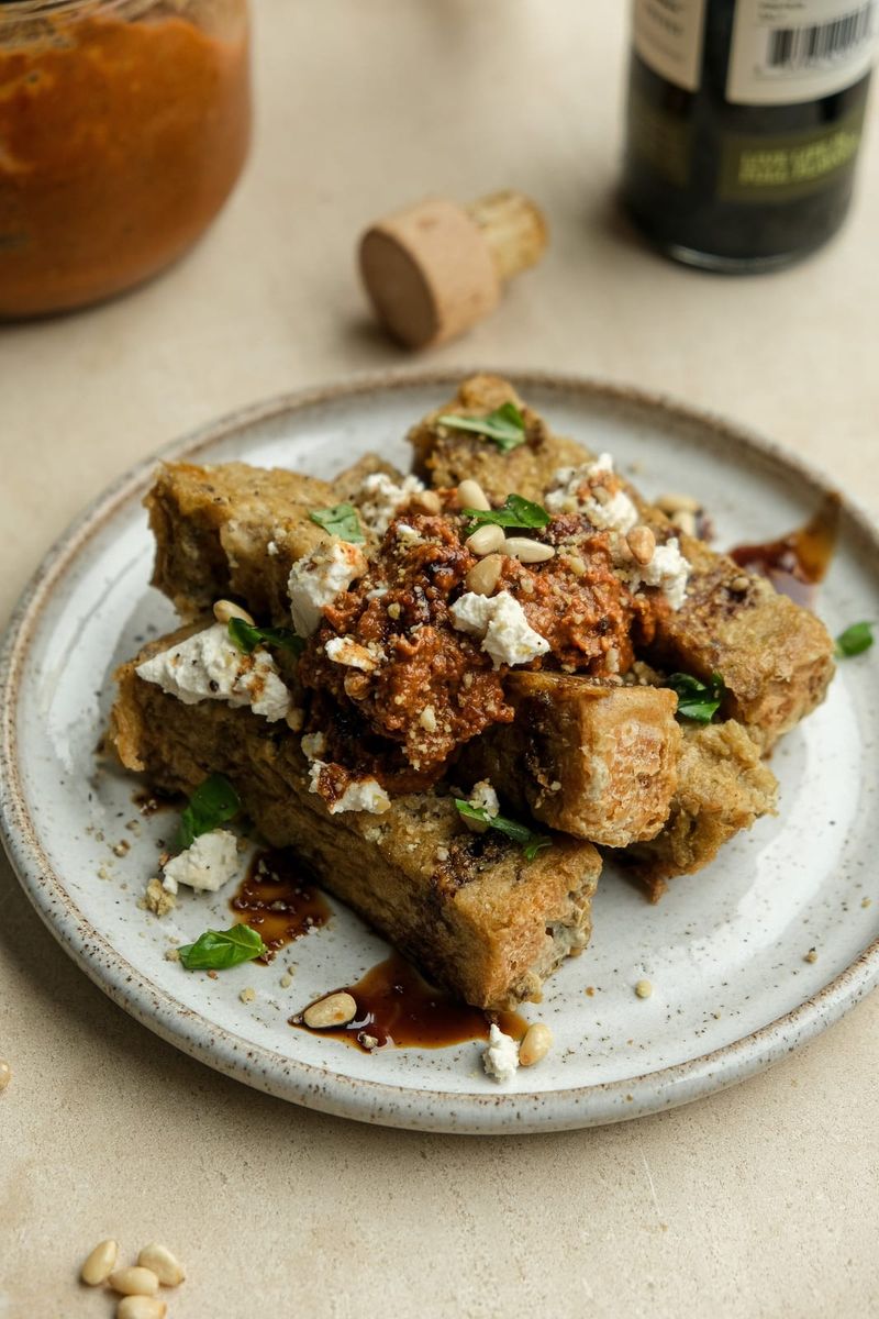 Savoury french toast with sun-dried tomato pesto