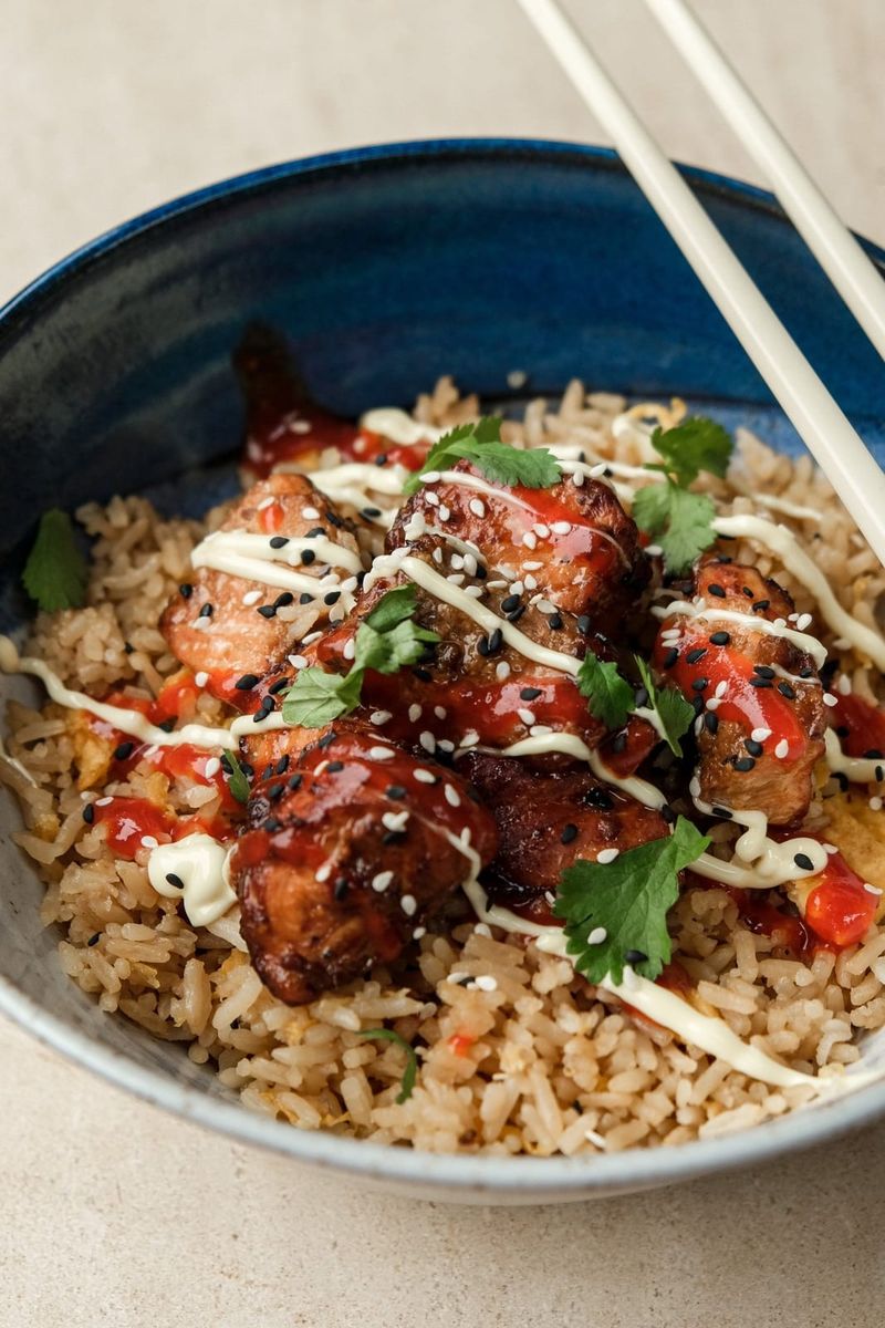 Sticky salmon with egg fried rice