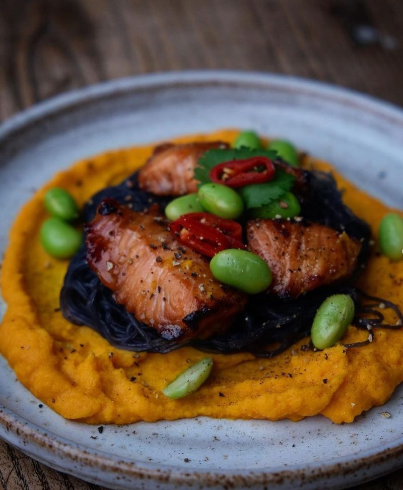 Soy salmon with spicy noodles and sweet carrot purée