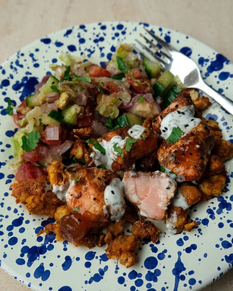 Tandoori salmon with crispy curried chickpeas and mango chutney