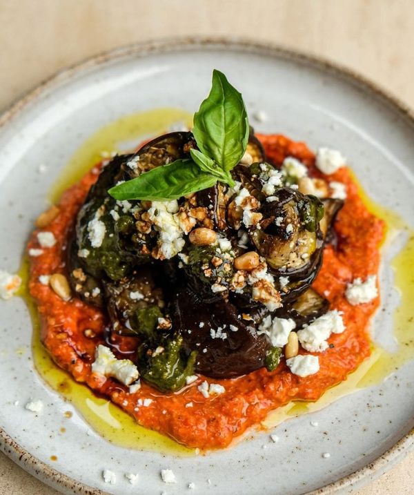 Roasted aubergines with romesco and pesto