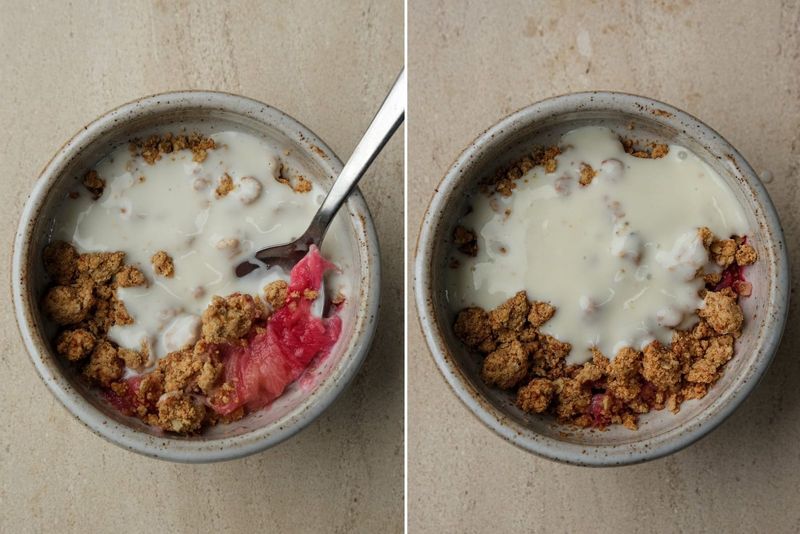 Breakfast rhubarb crumble, another view