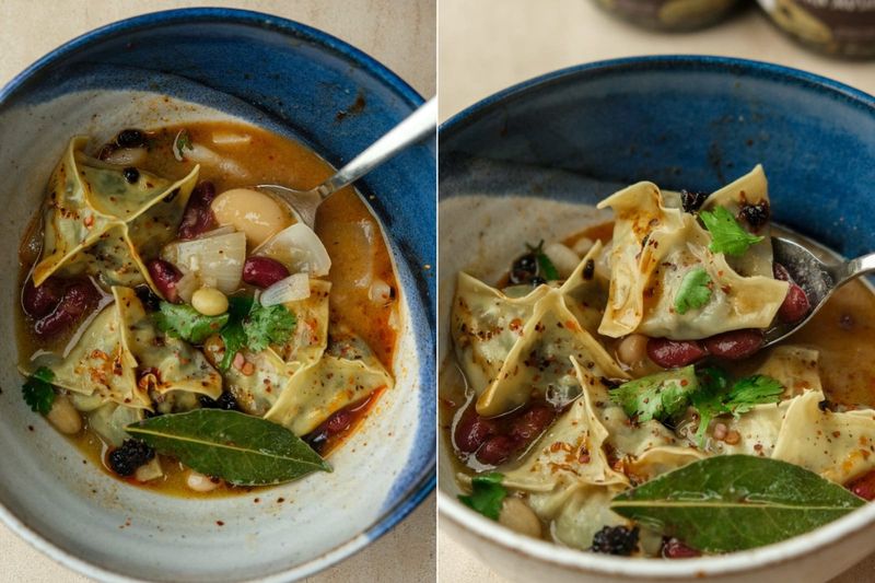 Huitlacoche dumplings with bean stew, another view