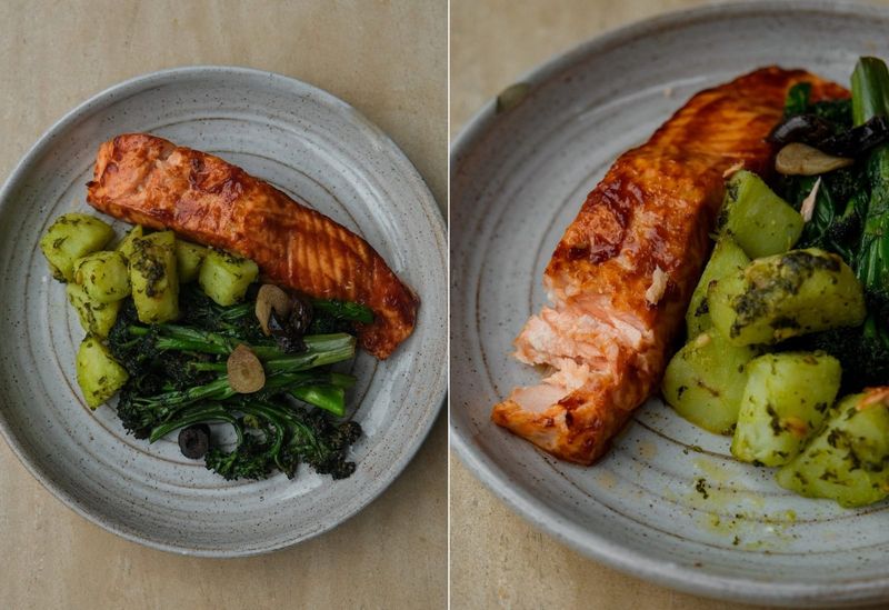 Salmon with pesto potatoes & pan fried tenderstem broccoli, another view