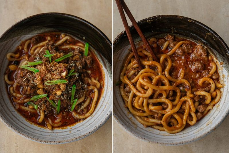Peanut chilli oil noodles with hoisin mince, another view