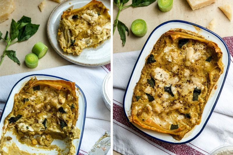 Sweetcorn and leek lasagne, another view