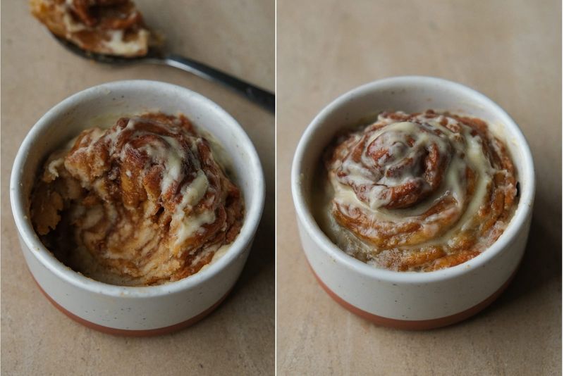 Cinnamon roll in a mug, another view
