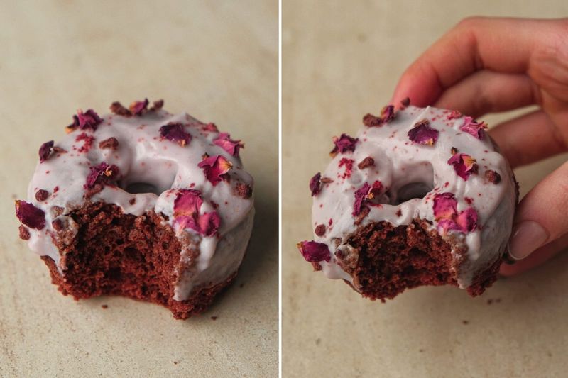 Single serve red velvet donut, another view