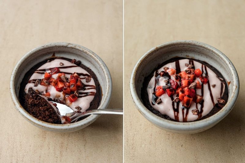 Chocolate strawberry mug cake, another view