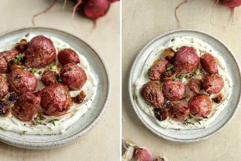 Roasted radish with lemon and garlic cream, another view