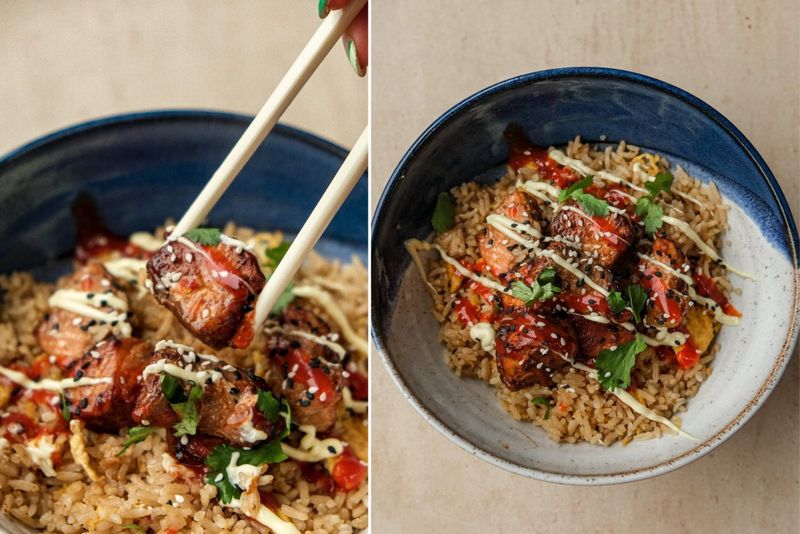 Sticky salmon with egg fried rice, another view