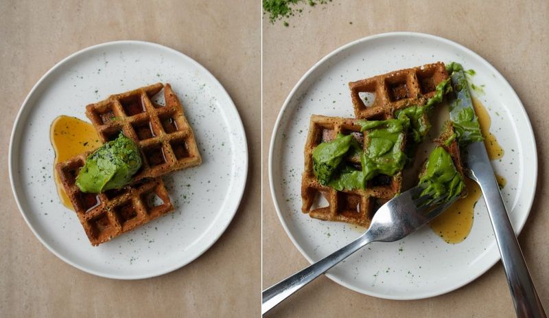 Waffles with maple matcha butter, another view