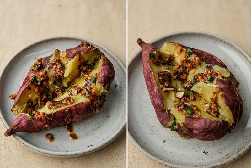 Roasted Japanese sweet potato with maple chilli butter, another view