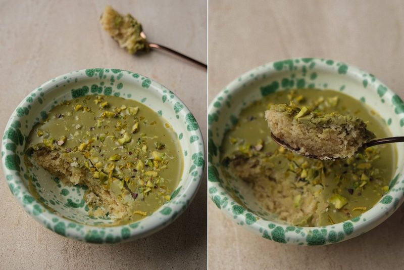 Lemon and pistachio friand in a mug, another view