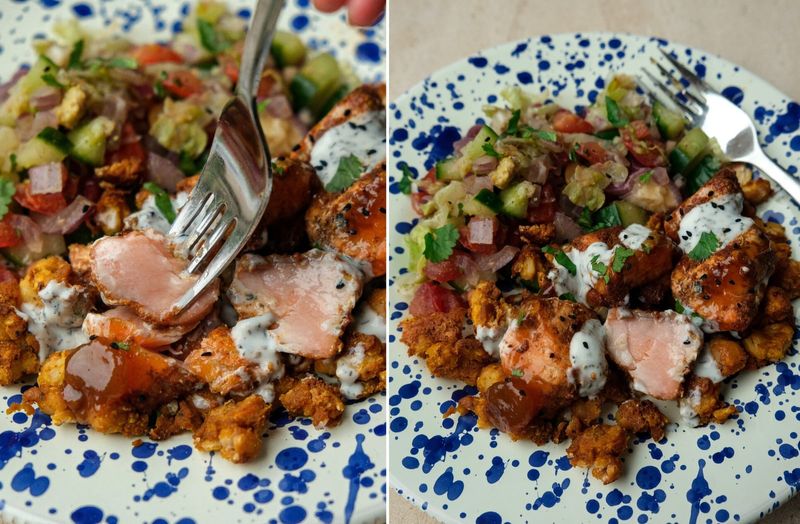 Curried salmon with chickpeas and kachumber, another view