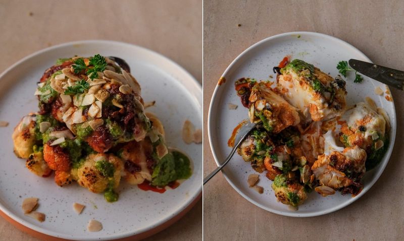 Whole roasted cauliflower with tahini and harissa, another view
