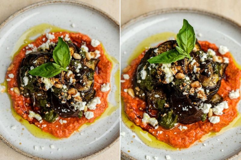 Roasted aubergines with romesco and pesto, another view
