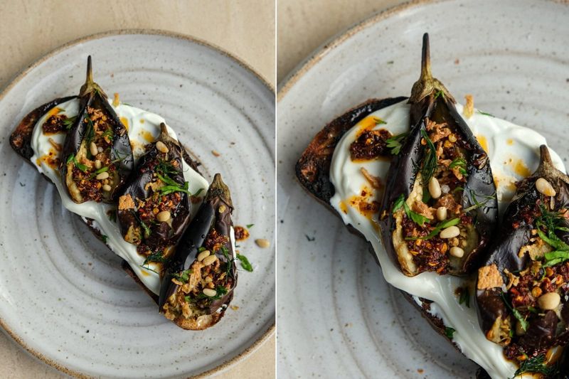 Baby aubergines on toast with Labneh and cumin chilli oil., another view