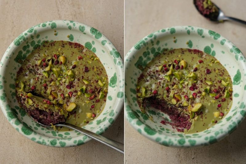 Raspberry and pistachio friand mug cake, another view