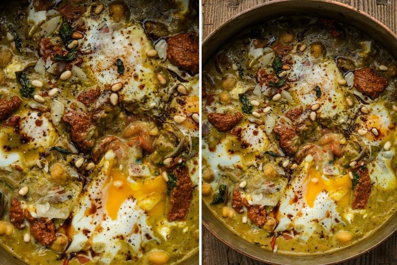 Baked eggs in pesto chickpeas, another view