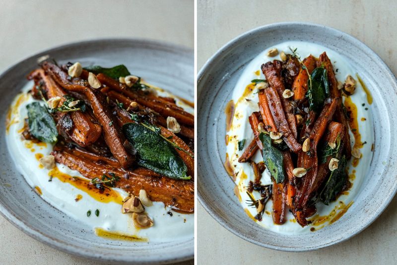 Roasted carrots with hot honey, sage, hazelnuts and Labneh, another view