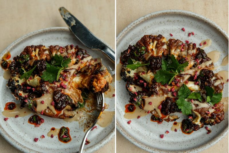 Maple glazed cauliflower steak with sweet tahini and harissa chimichurri, another view