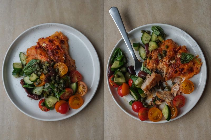 Salmon with harissa and tomato salad, another view