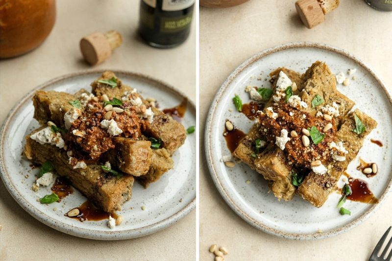 Savoury french toast with sun-dried tomato pesto, another view